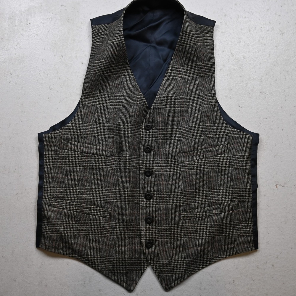 Vtg Mens Small Gray Glenn Check Flannel Wool Button Front Waistcoat Vest